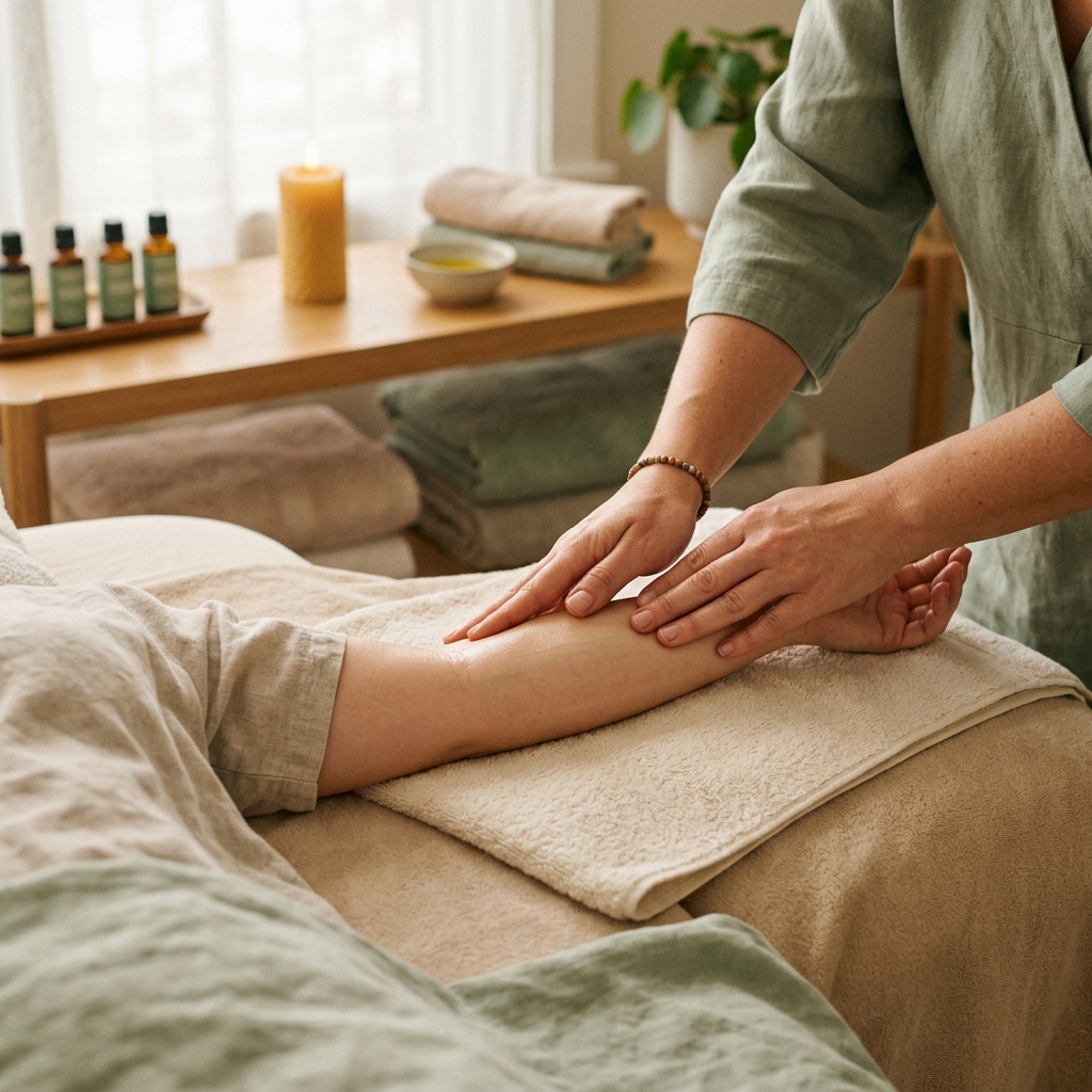 Behandlung zur manuellen Lymphdrainage an den Beinen